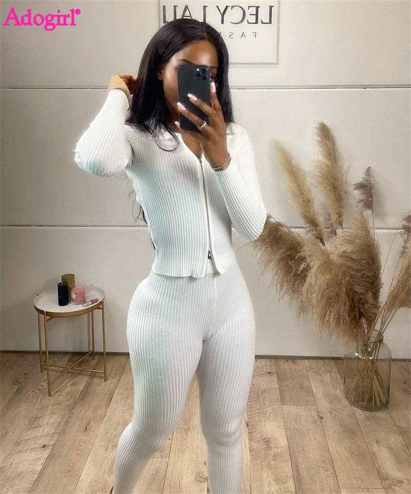 Adogirl Solid Knitted Rib 2 Piece Sets Women Autumn Winter Tracksuit Turn Down Collar Long Sleeve Zipper Shirt Top Skinny Pants