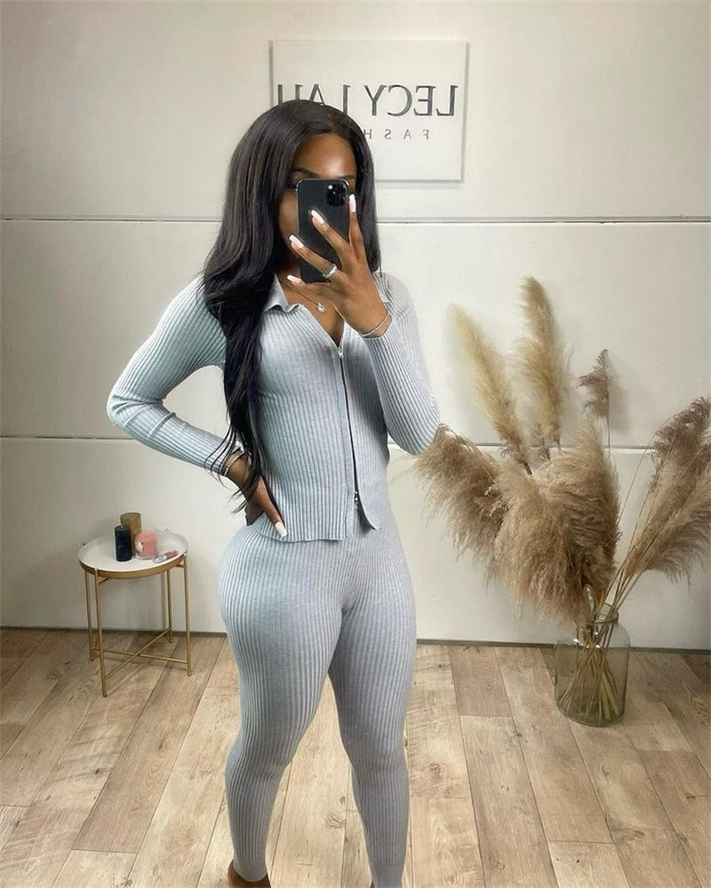 Adogirl Solid Knitted Rib 2 Piece Sets Women Autumn Winter Tracksuit Turn Down Collar Long Sleeve Zipper Shirt Top Skinny Pants