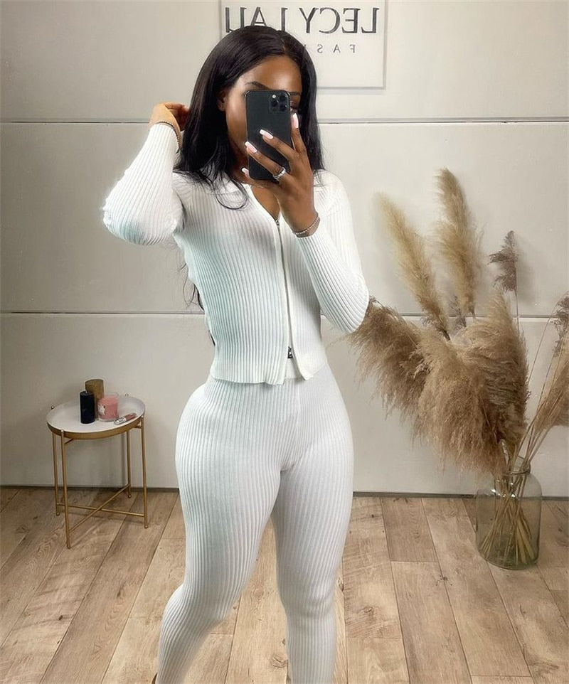 Adogirl Solid Knitted Rib 2 Piece Sets Women Autumn Winter Tracksuit Turn Down Collar Long Sleeve Zipper Shirt Top Skinny Pants