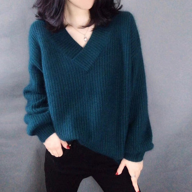 V Neck Solid Sweater Fashion Pullovers