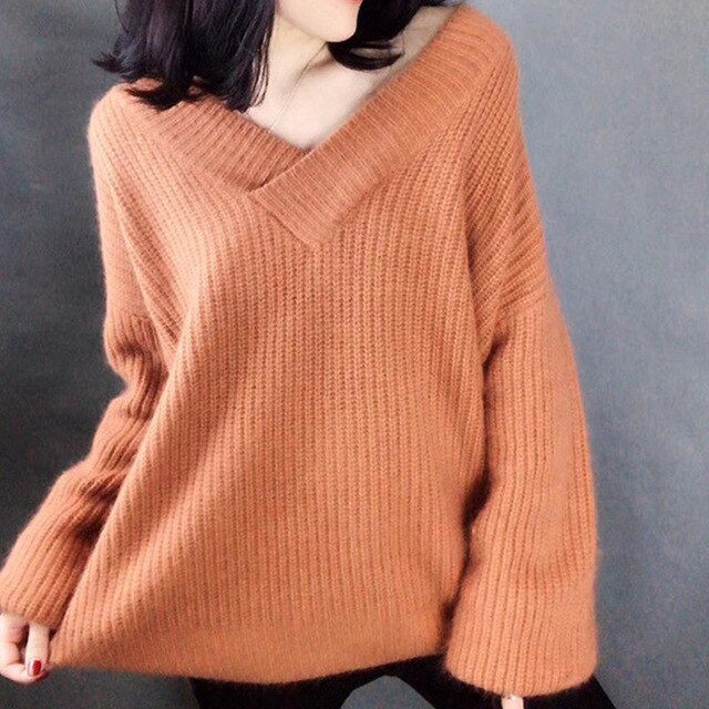 V Neck Solid Sweater Fashion Pullovers