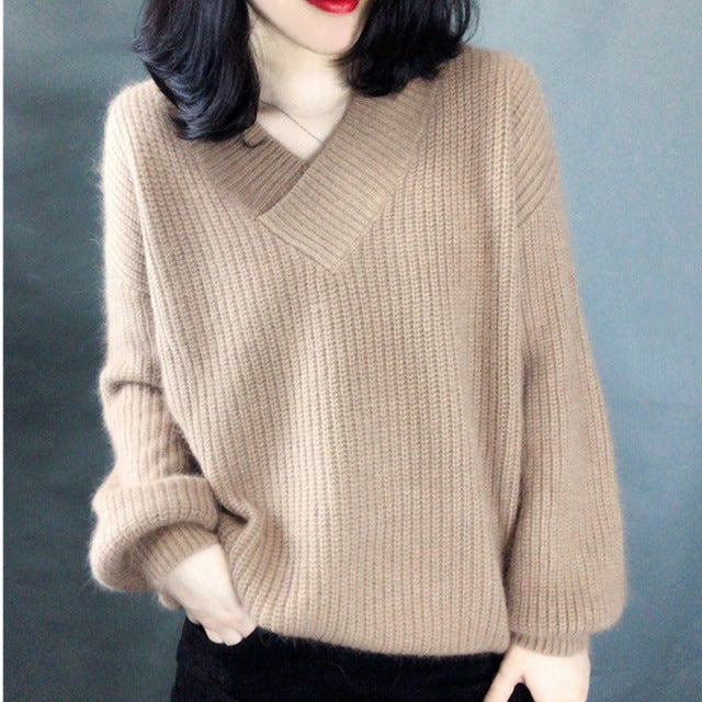 V Neck Solid Sweater Fashion Pullovers