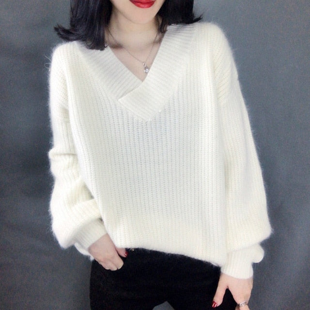 V Neck Solid Sweater Fashion Pullovers