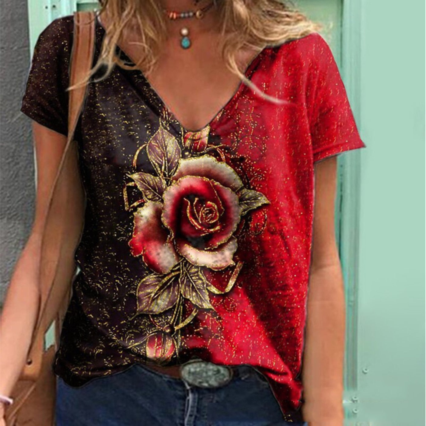 V Neck Floral Rose Printed T Shirt