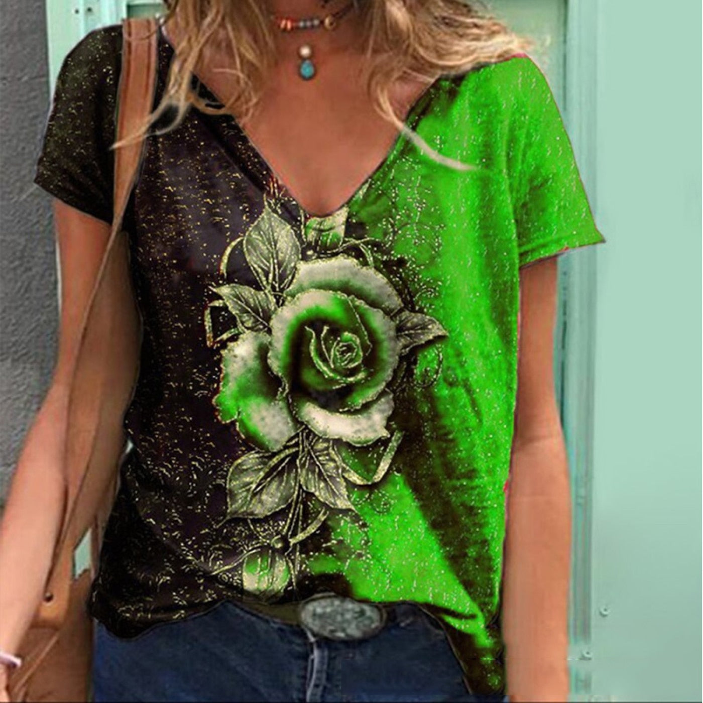 V Neck Floral Rose Printed T Shirt