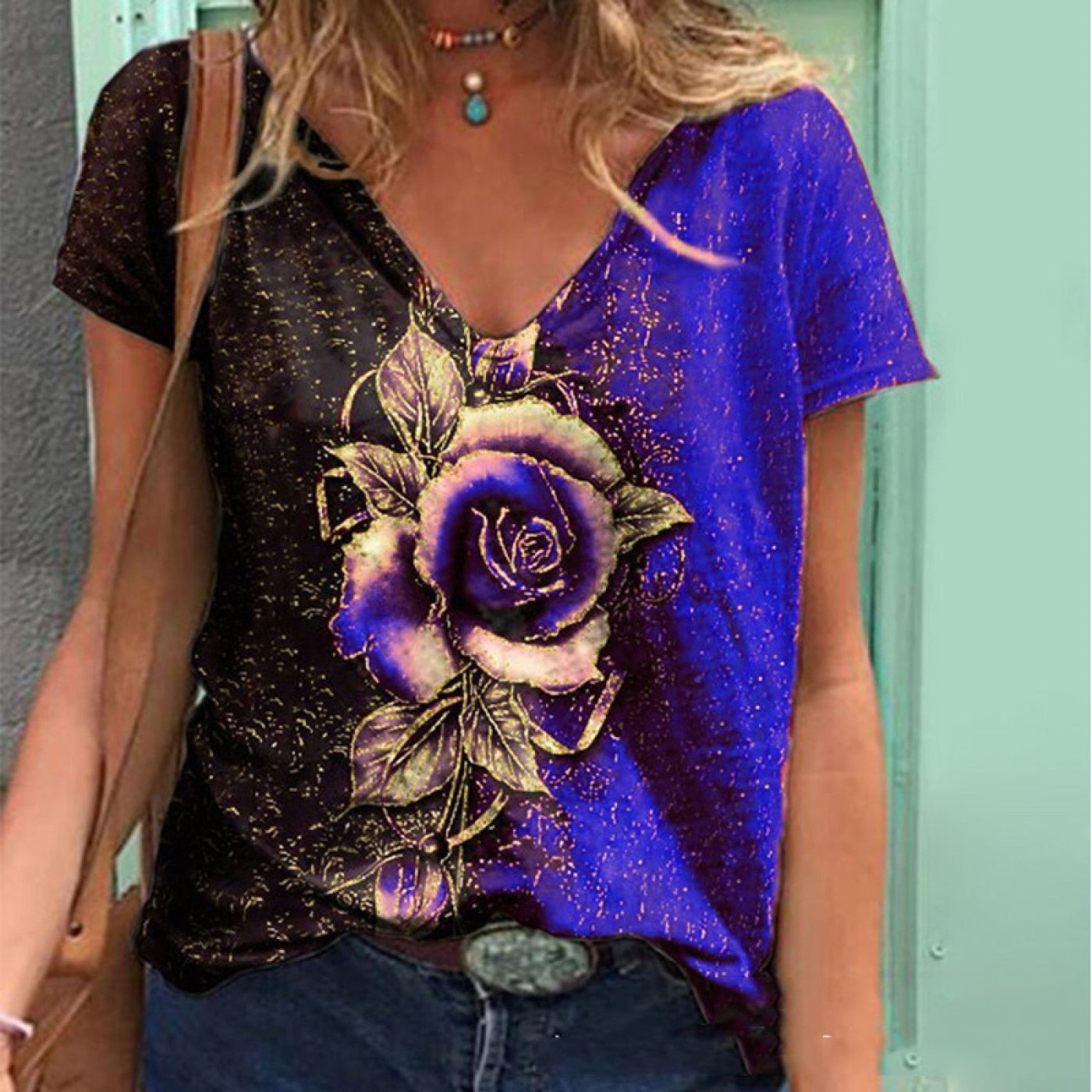 V Neck Floral Rose Printed T Shirt