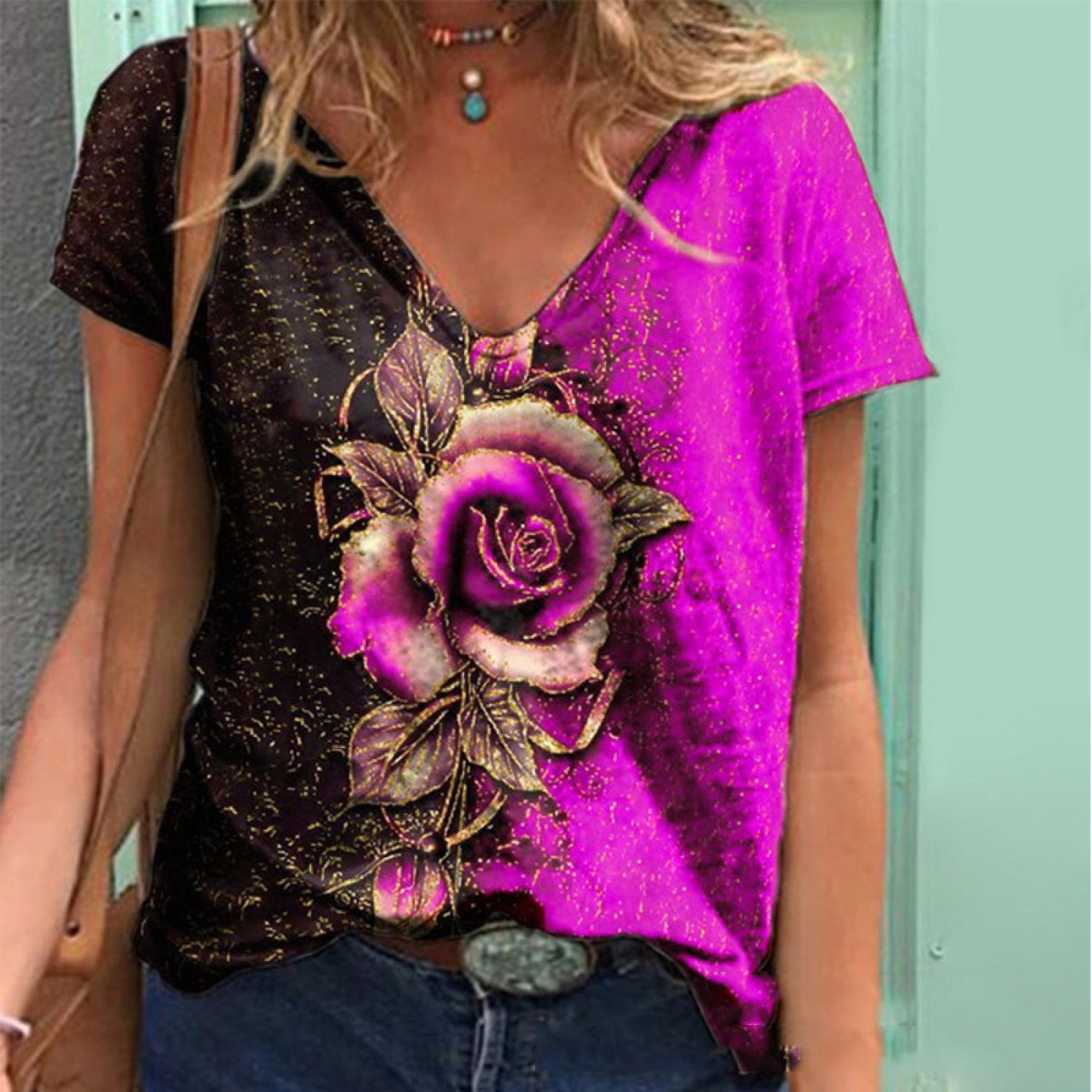 V Neck Floral Rose Printed T Shirt