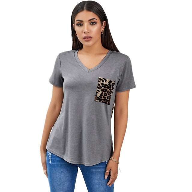 V-neck  Leopard Patchwork T Shirt