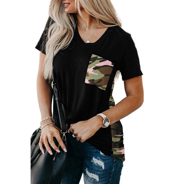 V-neck  Leopard Patchwork T Shirt