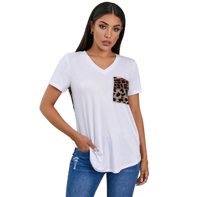 V-neck  Leopard Patchwork T Shirt