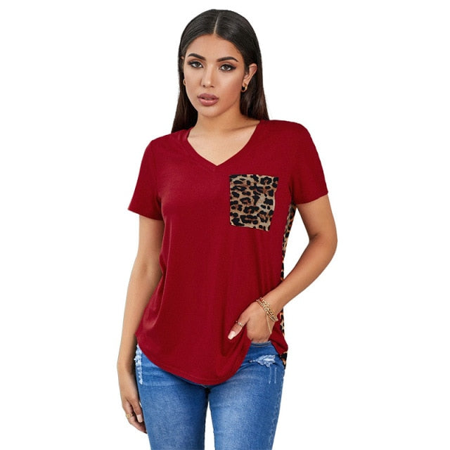 V-neck  Leopard Patchwork T Shirt