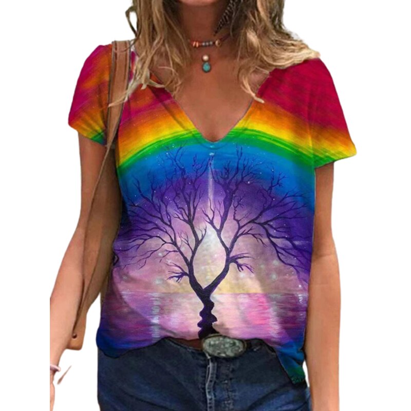 V Neck Printed Loose T Shirt