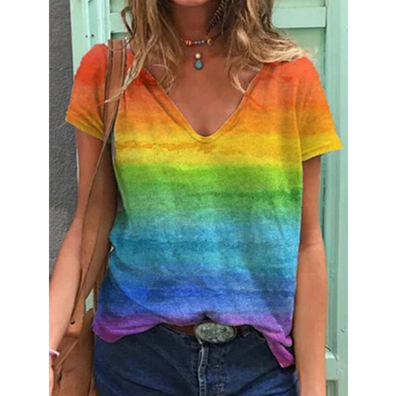 V Neck Printed Loose T Shirt