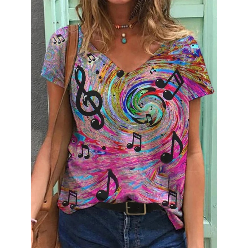 V Neck Printed Loose T Shirt