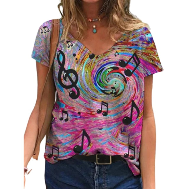 V Neck Printed Loose T Shirt