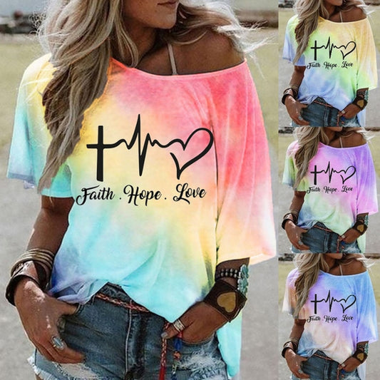 Tie Dye Letter Print Cold Shoulder T Shirt