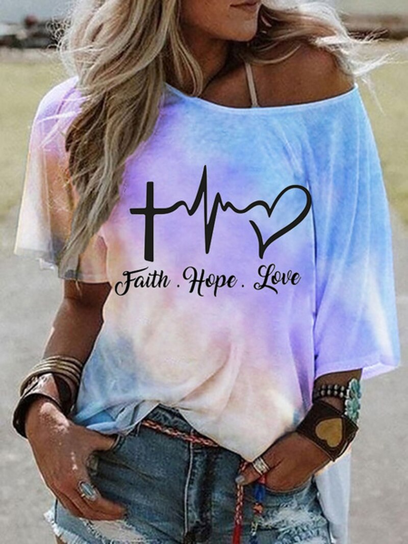 Tie Dye Letter Print Cold Shoulder T Shirt