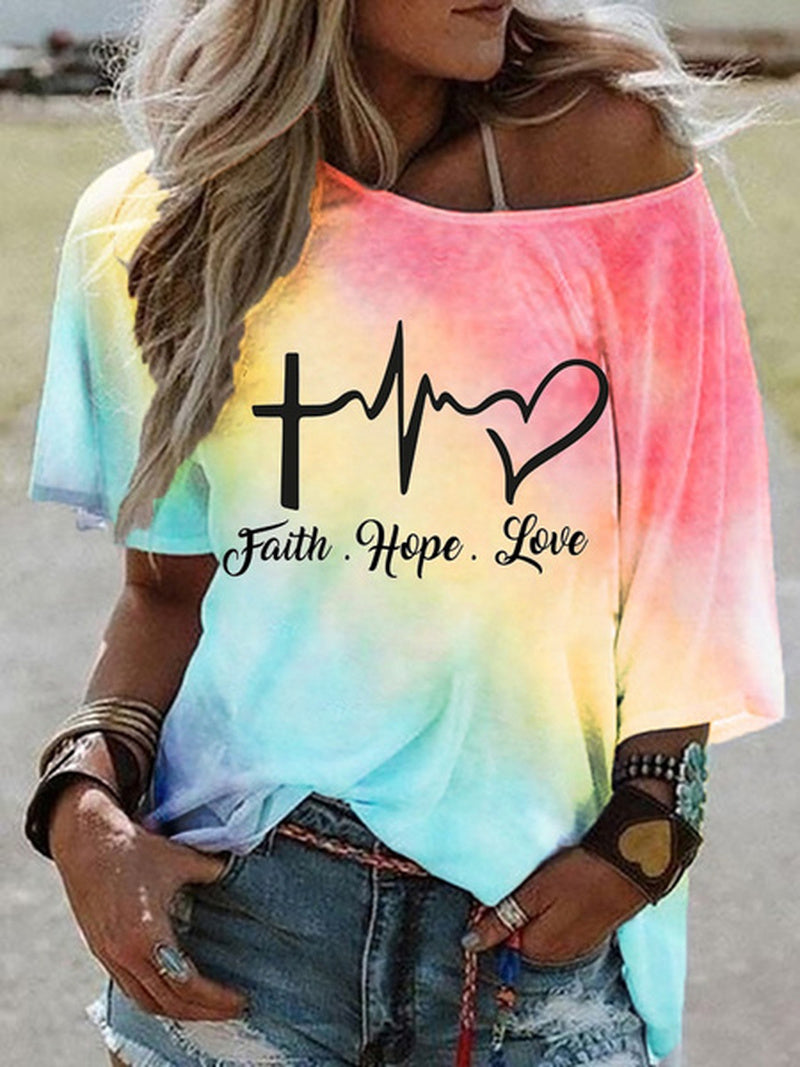 Tie Dye Letter Print Cold Shoulder T Shirt