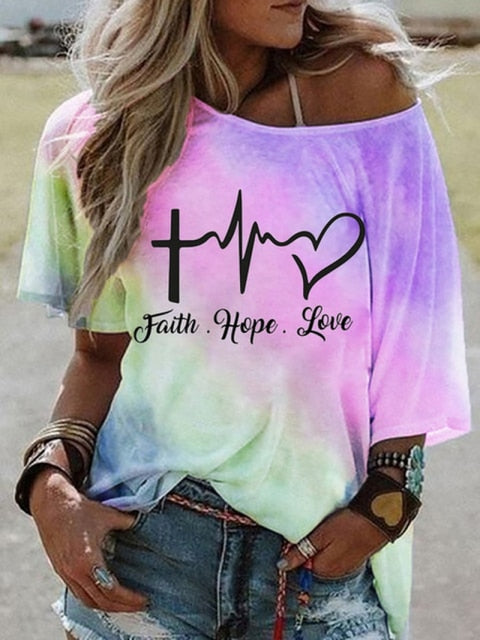 Tie Dye Letter Print Cold Shoulder T Shirt