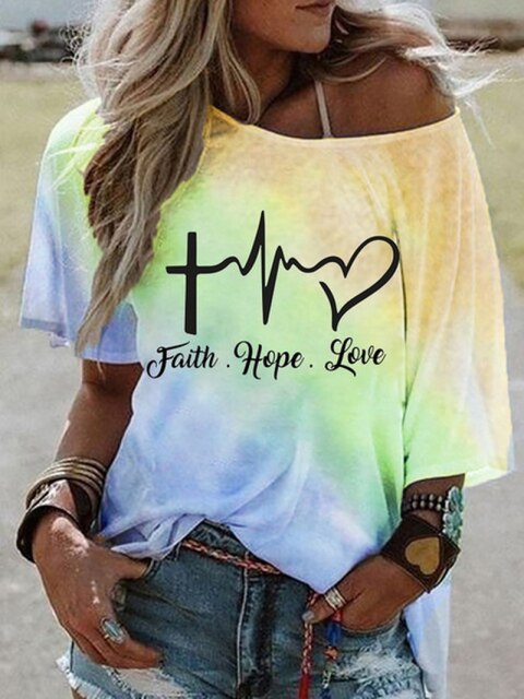 Tie Dye Letter Print Cold Shoulder T Shirt